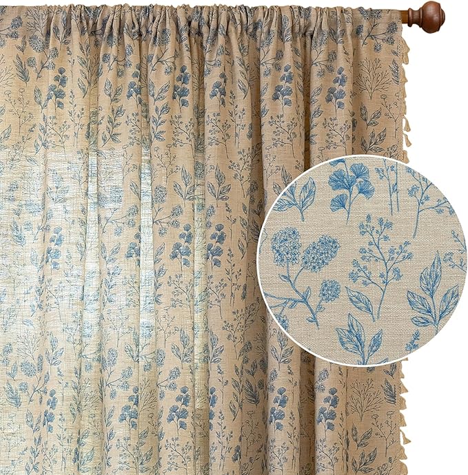 OYX Blue Floral Light Filtering Boho Curtains 84 Inch Long 2Panels For Living Room, Country Farmhouse Rustic Vintage French Drapes, Flower Printed Rod Pocket Privacy Decor Drapes For Bedroom Aesthetic