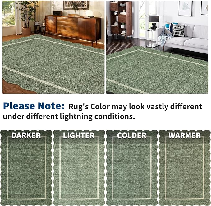 GarveeHome Scalloped Washable Runner Rug 2x8 Runner Modern Non Slip Kitchen Rugs Entryway Rug Farmhouse Soft Bathroom Rugs Stain Resistant Carpet for Hallway Laundry Bedroom 2 ft x8 ft Greyish Green