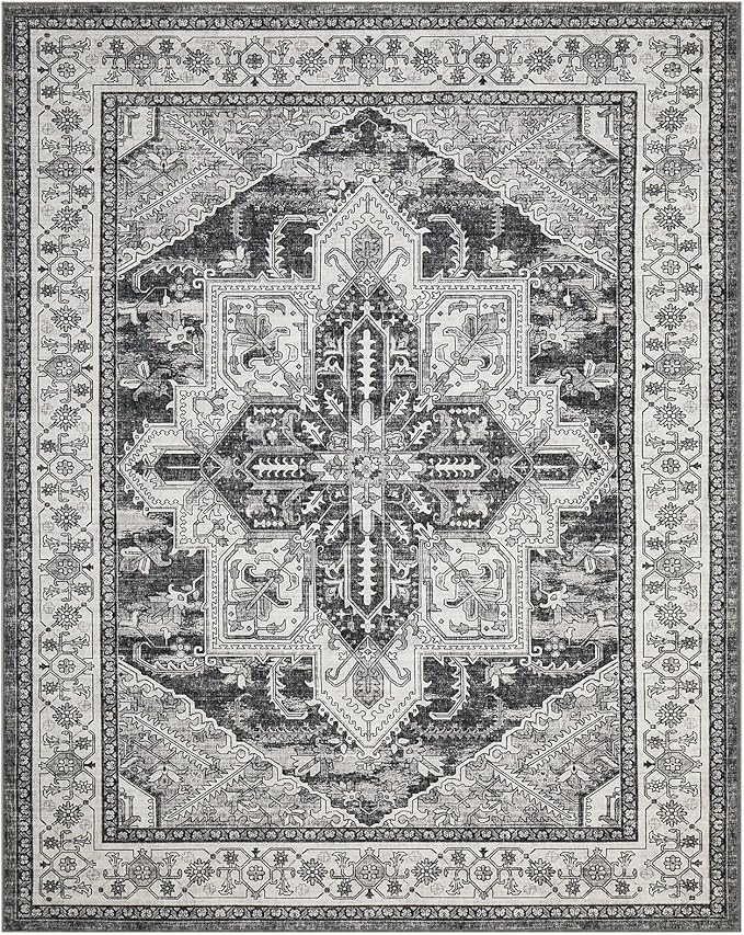 WITSHOCK Gray Living Room Rugs 12x15: Washable Vintage Boho Distressed Soft Non-Slip Low Pile Stain Resistant Foldable Carpet for Bedroom Playroom Dining Room Office, Thin Accent Farmhouse Home Decor