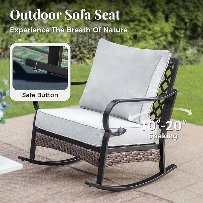 Outdoor Patio Rocking Sofa Chairs Set of 2 Steel Frame Porch Furniture with Deep Seating and 5.75" Cushions for Lawn Backyard Deck, Light Grey