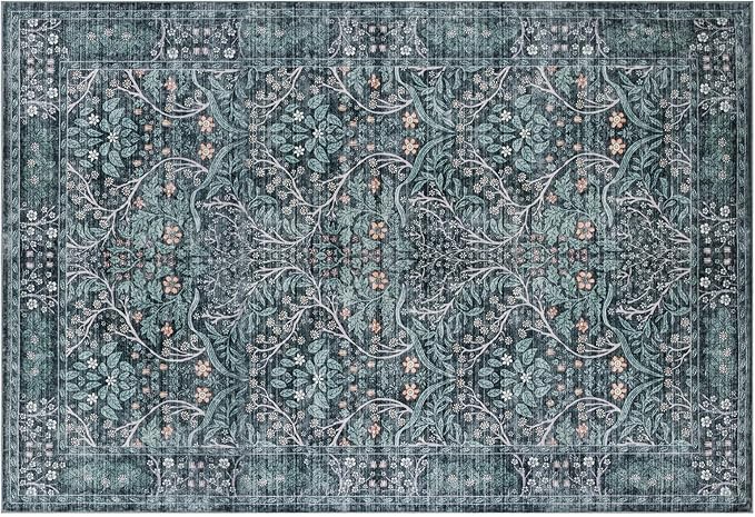 8x10 Retro Green Area Rug,Washable Living Room Floral Large Rug for Dining Room Entryway Farmhouse Nursery Home Office,Low Pile Stain & Slip Resistant Carpet for Bedroom