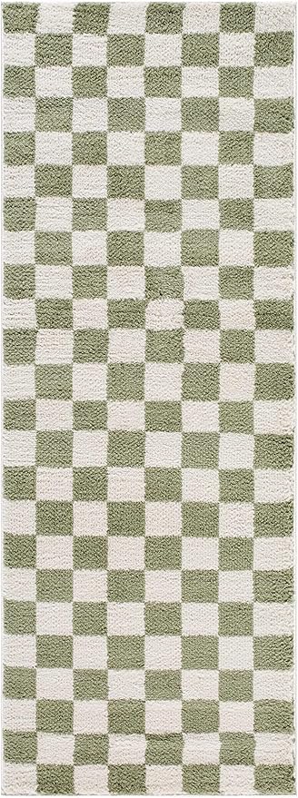 BoutiqueRugs Canika Modern Checkered Shag Rug - High Pile Fluffy Shaggy Carpet for Hallway, Nursery, Playroom, Girls Boys Room - Machine Washable - Peach, Lime Green - 5'3" x 7' (5x7)