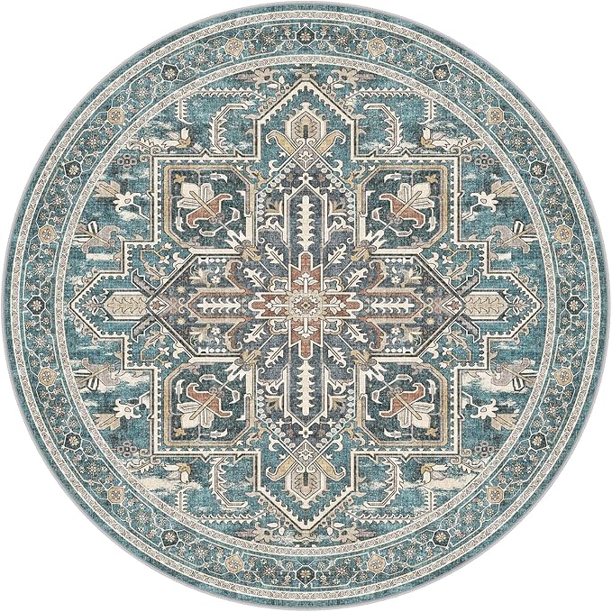 WITSHOCK Round Living Room Rugs 8Ft: Washable Vintage Boho Soft Low Pile Non-Slip Stain Resistant Foldable Carpet for Bedroom Playroom Dining Room Office, Distressed Farmhouse Home Decor Rug-Dull Teal