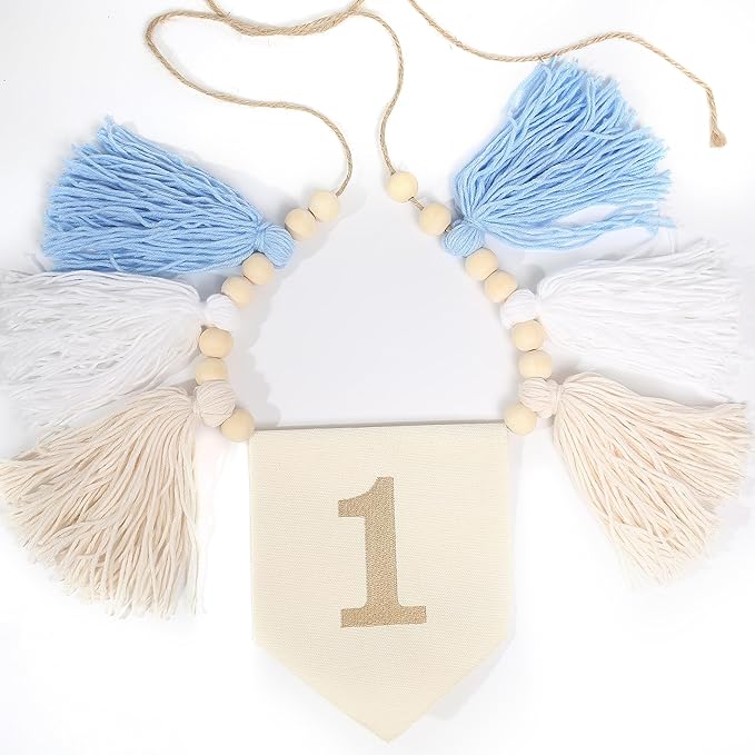 HGFC Embroidery Tassel High Chair Banner - Wood Bead 1st Birthday Banner,Sky Theme Party Decoration,Birthday Baby Boys Tassel Garland,Cake Smash Backdrop