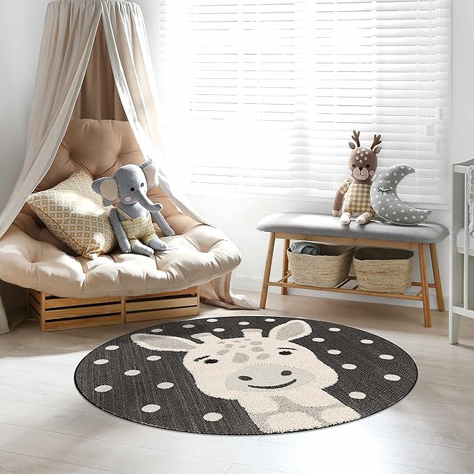 Hauteloom Kids Room, Nursery Round Area Rug - Outdoor Patio Safe - Animal Baby Giraffe Playroom Carpet - Beige, Gray, Black, Cream - 7'10"