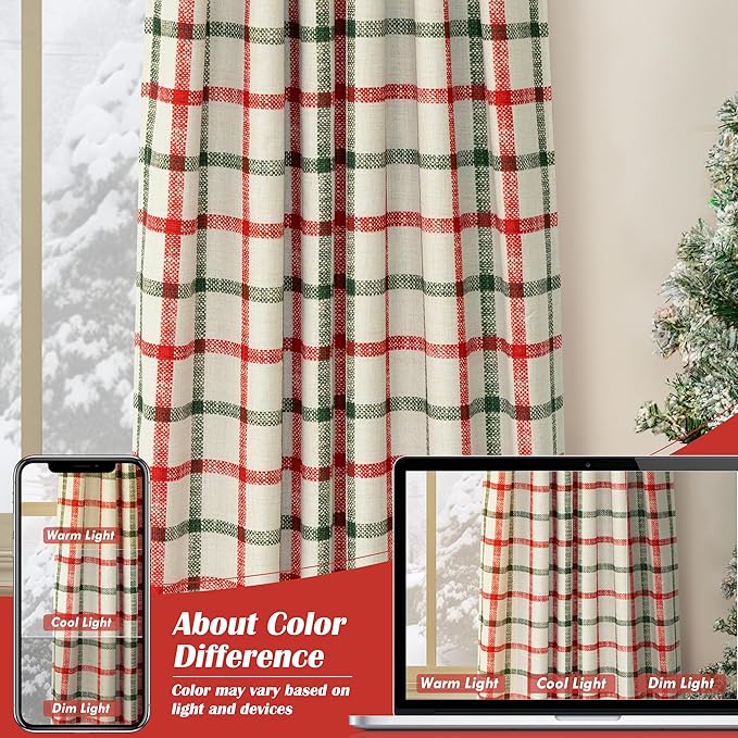 DriftAway 2 Panels 100% Blackout Windowpane Plaid Linen Curtains Double Layer Drapes for Bedroom 63 Inches Long Farmhouse Thermal Insulated 3.25 Inch Rod Pocket Back Tab for Living Room Red Green