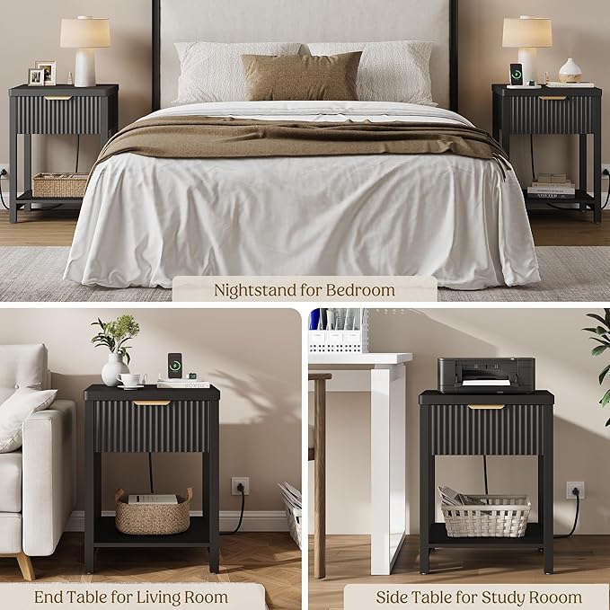Lulive Modern Black Night Stand, Fluted Nightstand with Charging Station, Wood Modern Bedside End Table with Storage Drawer for Bedroom, Save Space (Set of 1, Black)