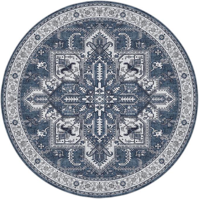 WITSHOCK Living Room Area Rugs 8Ft: Washable Rug Boho Soft Non-Slip Low Pile Stain Resistant Foldable Carpet for Bedroom Playroom Dining Room Office Kitchen Farmhouse Home Decor Rug-Blue