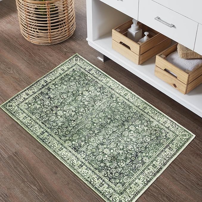 Kitchen Rugs Non Slip Washable,Farmhouse Style Floral Boho Kitchen Rug for Sink Bath Vintage Bathroom,2x3,Dark Green