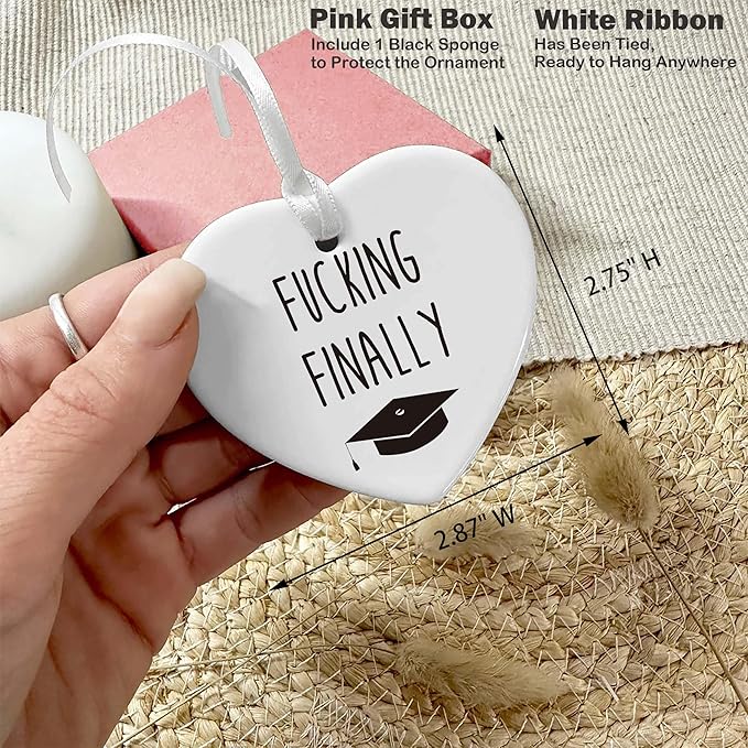 Heart Shaped Christmas Ornament-Funny Graduation Gift for Her-Coworker High School Graduate Congratulations Present-Ceramic Keepsake Decor-Fucking Finally Celebration Ornament