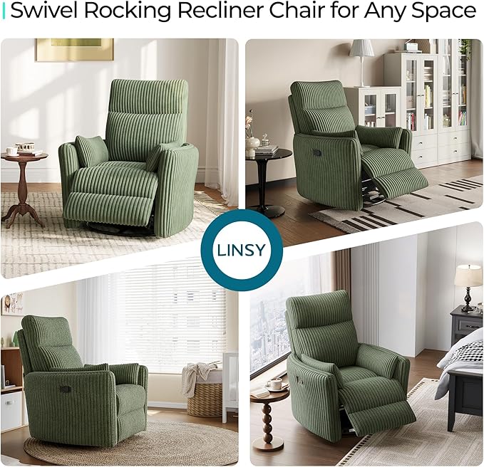 LINSY HOME 360 Swivel Nursery Rocking Chair with 2 Pillows, Corduroy High Back Adult Recliner for Small Spaces, Nursery Glider Rocker Chair, Bedroom Living Room Reclining Chairs (Green)