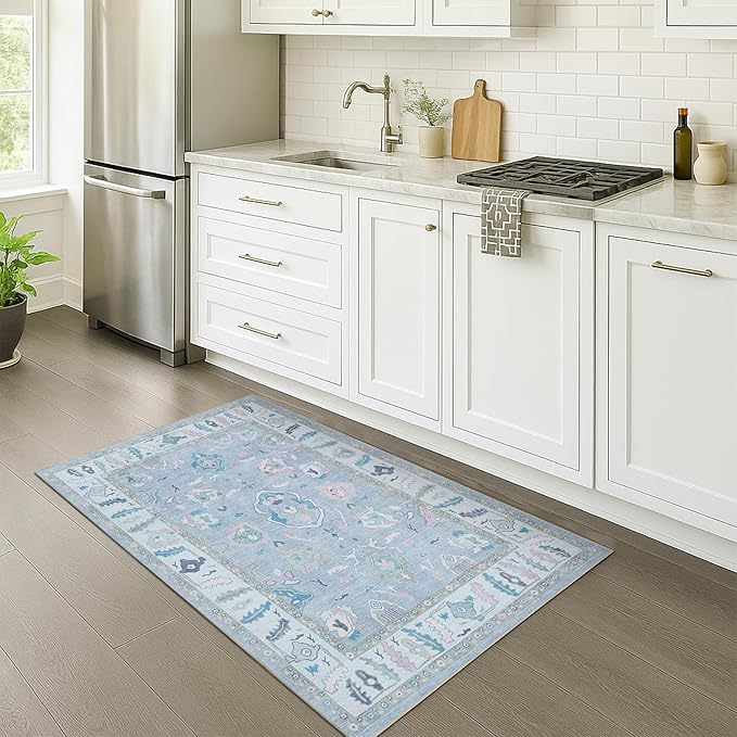 Fame Rugs Lavender Modern Oushak Rug 2x3, Vintage Doormat Turkish Colorful Oriental Antique Inspired Washable Small Area Rug, Luxury Living Room Bedroom (386PBL, 2' x 3')