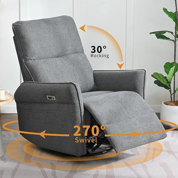 Power Swivel Rocker Recliner Chair for Nursery, Upholstered Snowflake Velvet 270°Swivel Glider Rocker Chair with USB Ports, Small Power Recliners for Small Spaces Living Room