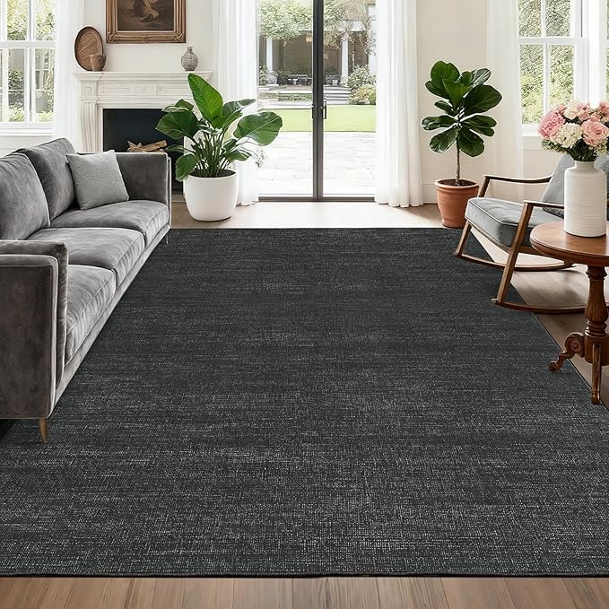 9x12 Area Rugs for Living Room Washable Solid Large Bedroom Rugs Non Slip Soft Modern Abstract Dining Room Throw Carpet Minimalist Classic Plain Area Rug for Nursery Kitchen Home Office, Black 9'x12'