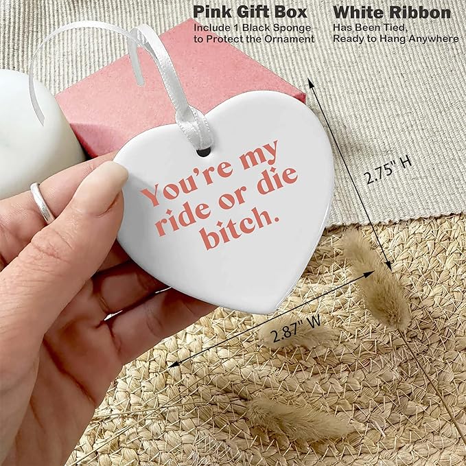 Heart Shaped Christmas Ornament-You’re My Ride or Die Bitch-Funny Friendship Wedding Graduation Birthday Farewell for Best Friends BFF Sister Keepsake Decor