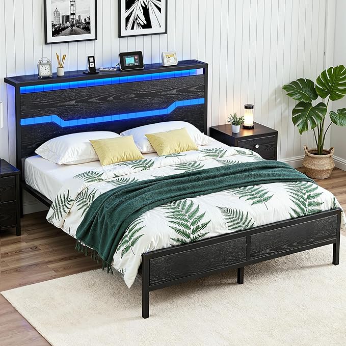 Full Size Bed Frame with LED Lights & Charging Station, Bed Frame Full with Headboard,13" Under Bed Storage, Noise-Free Heavy Duty Metal Support, Modern Black