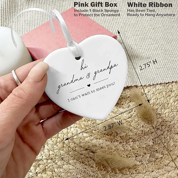 Heart Shaped Christmas Ornament-New Grandparents Gift Baby Announcement Pregnancy Reveal Ornament for Grandma Grandpa to Be First Time Parents Keepsake with Gift Box
