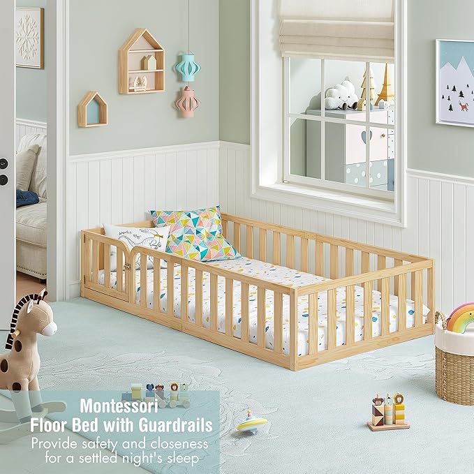 Spirich Twin Size Kids Floor Bed Frame with Fence and Door, Solid Wood Montessori Floor Bed for Kids with Safety Guardrails, Twin Bed Frame for Boys and Girls, Natural