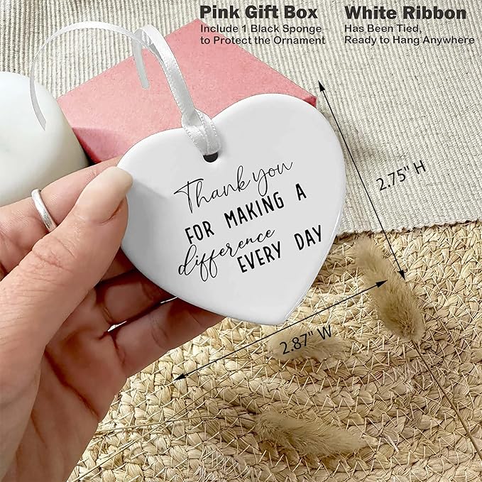 Heart Shaped Christmas Ornament-Teacher Appreciation Gift-Thank You for Making a Difference Every Day-Birthday Teachers Week Inspirational Keepsake Heart Ornament for Classroom