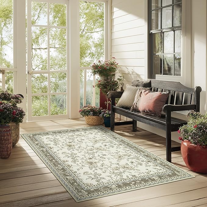 Floral Boho Rug 4x6 Washable Non Slip Area Rug Bohemian Carpet Door Mat Taupe Beige Tan Floral Distressed Modern Farmhouse Sketch Style Flower for Bedroom Foldable 4x6 for Entryway Living Room