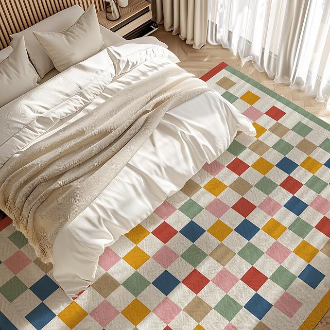 Washable 9x12 Checkered Area Rug for Living Room, Colorful Rainbow Checkerboard Modern Large Rugs, Ultra Thin Low Pile Lightweight Indoor Carpet with Non-Slip Backing for Bedroom Kids Nursery Playroom