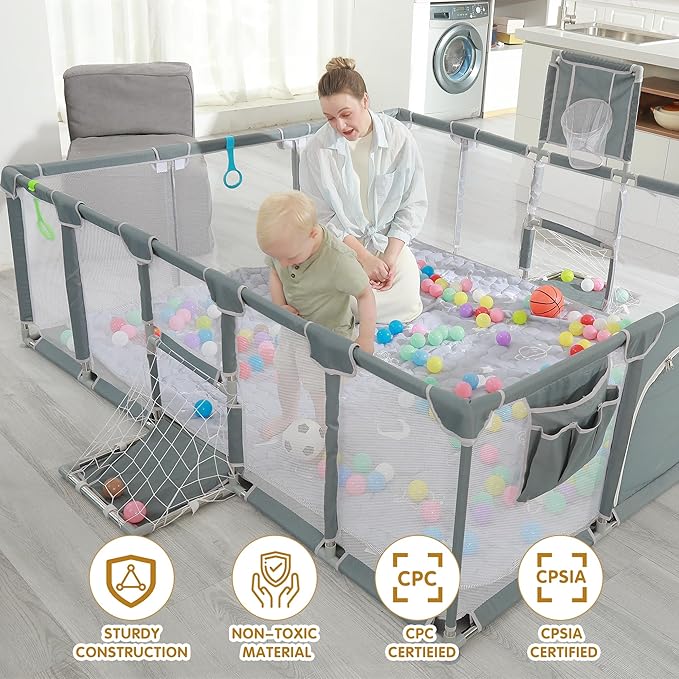 Baby playpen, 79"x71"Baby Playpen with Mat Indoor&Outdoor Playpen for Babies and Toddlers with Breathable Play Pen with Ocean Balls Hanging Pocket Basketball Hoop and Football Goal