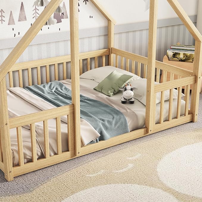 Bellemave Full Floor Bed for Kids, Girls, Boys, Wood House Bed Frame, House Floor Bed for Kids, Full Size Montessori Floor Bed with Fence, Playhouse, Natural