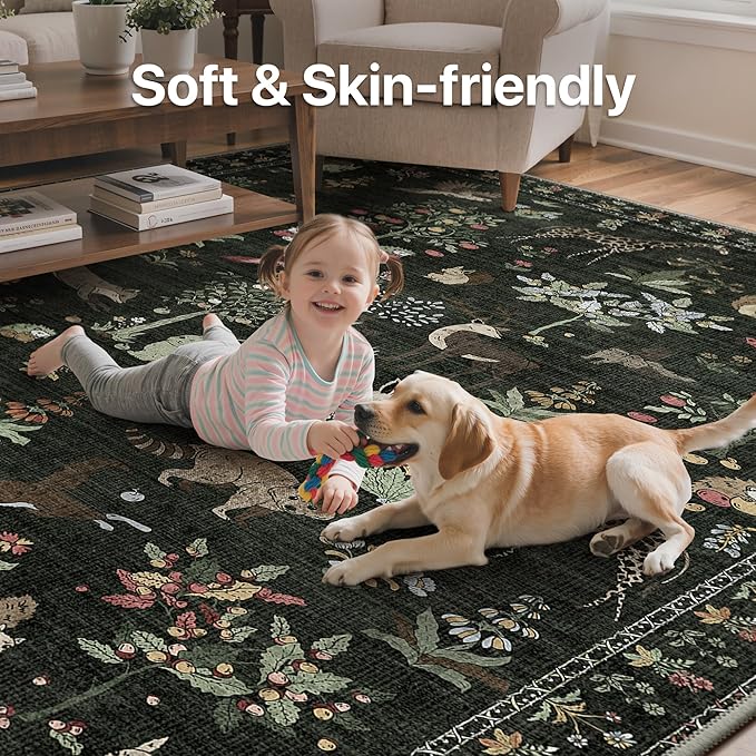 Rugs for Living Room 5x7 Floral Animal Print Area Rug Machine Washable Rug, Non Slip Low Pile Carpet for Bedroom, Entryway, Dark Green