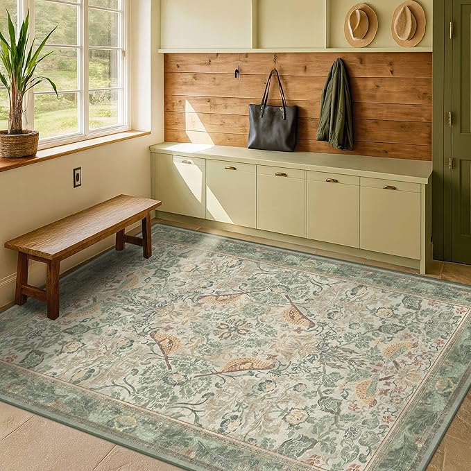 Washable Sage Green Area Rugs 5x7 for Living Room, Bedroom Bedside, Dinning Room, Office with Elegant Botanical Bird Pattern, Muted Green Non Slip Stain Resistant Low Pile French Country Decor