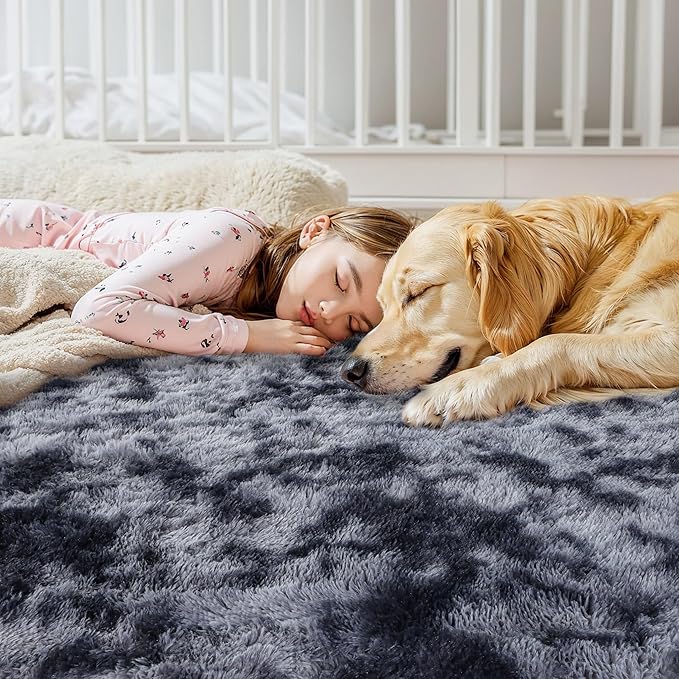 Thick Area Rug Dark Grey Fluffy 4x6 for Bedroom Living Room Washable Plush Rug for Kids Baby Nursery Soft Shag Non Slip Comfy Shaggy Rugs for Dorm Fuzzy Floor Carpet, Tie-Dye Gray