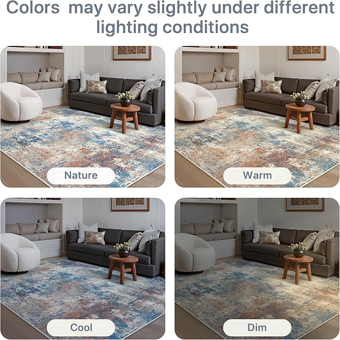 8x10 Area Rugs Washable Blue Rug for Living Room Bedroom, Abstract Modern Large Rug Non Slip, Water Repellent Low Pile Soft Carpet for Dining Room, Blue Rust