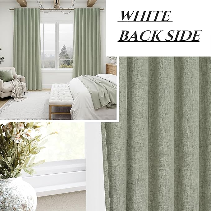 Sage Green Blackout Linen Curtains 96 Inches Long for Living Room Bedroom, Pleated Window Track Curtain with Pin Hooks Belt Boho Light Green Drapes Thermal Insulated (50"Wx96"Lx2Panels) Back Tab