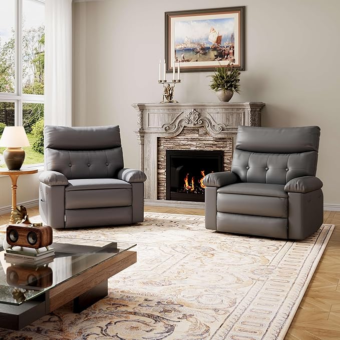 GarveeHome Oversized Wide Rocker Swivel Recliner Chair - PU Leather Manual Recliner for Adults, Large Nursery Chair Lazy Recliner with Comfort Arm and Back for Living Room, Bedroom