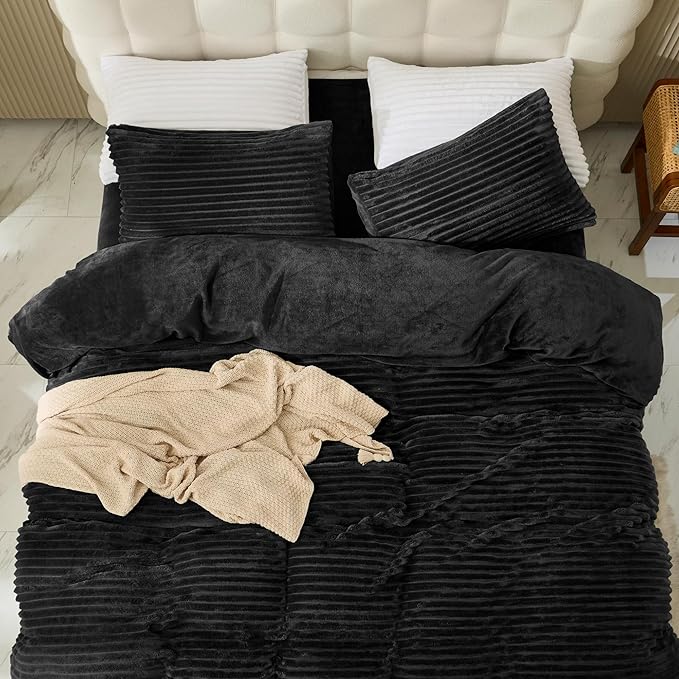 JELLYMONI Plush Duvet Cover Set - Queen Size Black Striped Fluffy Comforter Cover 3pcs Bedding Set Luxury Ultra Soft Faux Fur Duvet Cover with Zipper and 2 Pillowcases (NO Comforter)