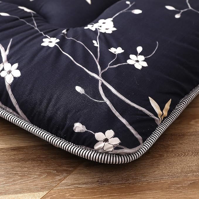 MAXYOYO Navy Floral Printed Japanese Floor Mattress Rustic Style Futon Mattress Foldable Bed Roll Up Camping Lounger Couches and Sofas Mattress Topper Twin Size
