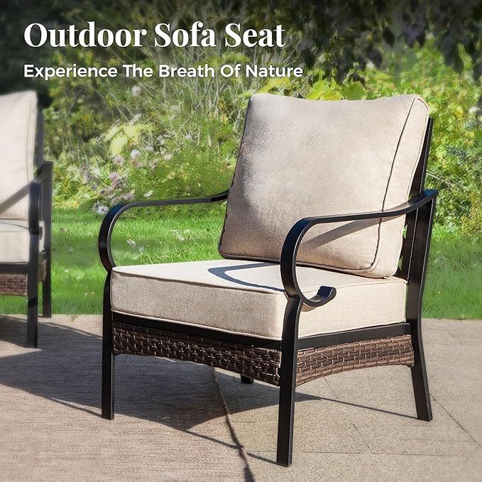 Outdoor Patio Leg Sofa Chairs Set of 2 Steel Frame Porch Furniture with Deep Seating and 5.75" Cushions for Lawn Backyard Deck, Beige
