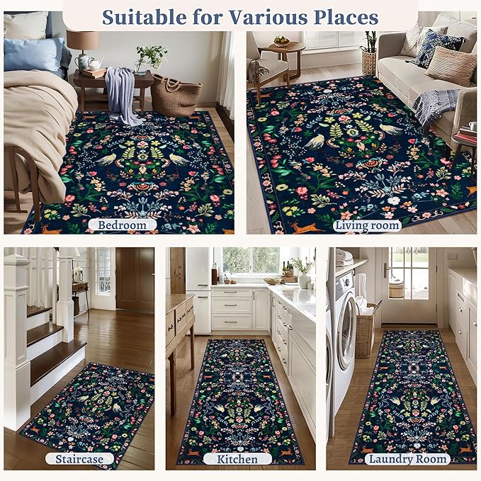 Tangsoo 5x7 Area Rug for Living Room Bedroom, Non Slip Machine Washable Boho Nature Floral Animal Rug, Low Pile Large Floor Carpet Indoor Mats for Kids Room, Farmhouse, Dining Room, Office(Blue)