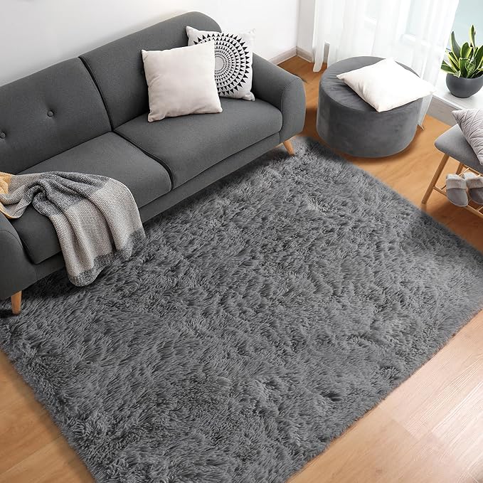 ONASAR Grey Area Rugs for Bedroom Living Room, Fluffy Fuzzy Shag Shaggy 4x6 Bedside Rug, Gray Washable Soft Plush Indoor Floor Carpet for Nursery Kids Girls Boys Teen Dorm Home Office Decor Aesthetic