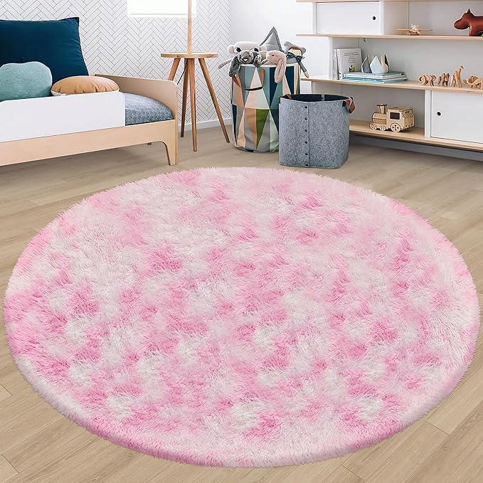 7 ft Large Fluffy Round Pink Area Rugs for Girls Bedroom, Colorful Soft Shaggy Circular Rug Plush Fluffy Circle Carpet Fuzzy for Nursery Baby Toddler Room Playroom Dorm Iving Room Home Decor