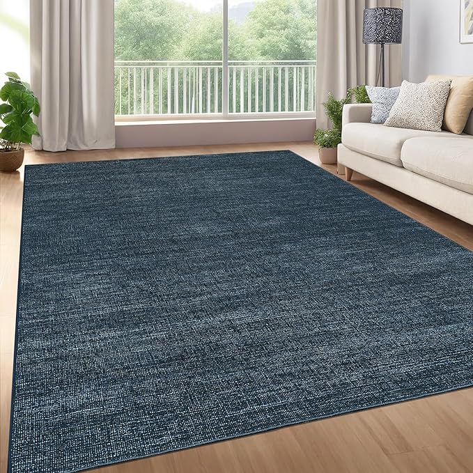 Washable Area Rug 8x10 for Living Room Bedroom Non Slip Minimalist Solid Color Area Rugs Modern Abstract Plain Dining Room Throw Carpet Low Pile Soft Classic Boho Rugs for Kitchen Nursery Oiifce, Navy