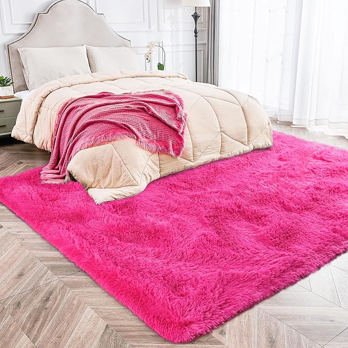 Fluffy Area Rug for Living Room 8x10 Feet, Hot Pink Shaggy Rugs for Bedroom 8x10 Area Rugs Non Slip Clearance