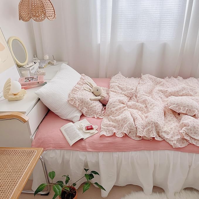 AOJIM Baby Muslin Duvet Cover with Pink Floral Patterns, 1pc Pure Cotton Kids Bedding Comforter Cover 2-layer Gauze 47X59'', Ruffled Design Baby Duvet Protector for Girls Boys, No Quilt or Pillowcases