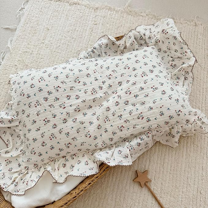 BuLuTu Cute Floral Print Pillowcases for Toddler Girls Boys, 14"x20", 1 pc, 2 Layers Muslin Cotton Pillow Cases for Crib Toddler Bed Pillow Cover, Envelope Closure, Machine Washable