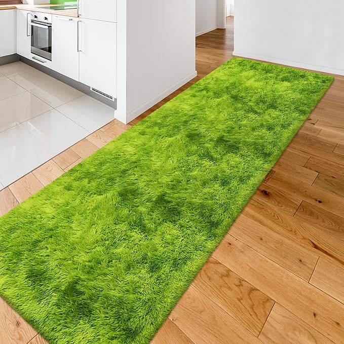 Grass Green Tie-Dyed Rug 3x10 ft Plush High Pile Shag Carpet Fluffy Soft Runner Bedside Rug for Bedroom Living Room Hallway Nursery Kids Home Decor