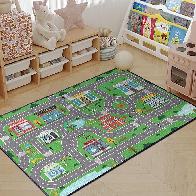 Play Rug for Playroom 3x4 Car Mat Town City Road Map for Bedroom Fun Car Play Area Carpet Non-Slip Washable