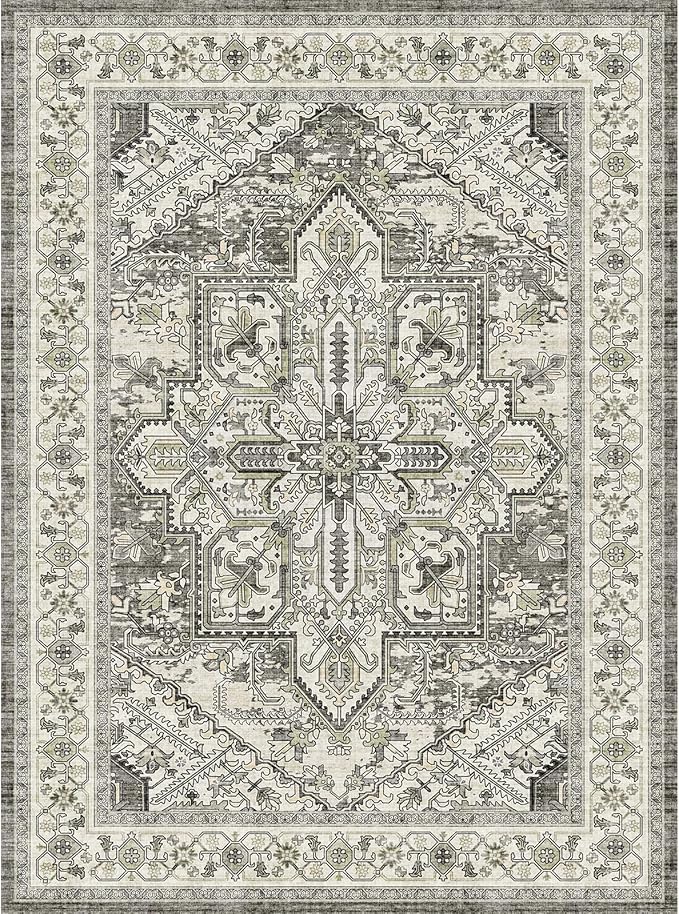 WITSHOCK Living Room Area Rugs 9x12: Washable Rug Boho Soft Non-Slip Low Pile Stain Resistant Foldable Carpet for Bedroom Playroom Dining Room Office Kitchen Farmhouse Home Decor Rug-Brown/Lvory
