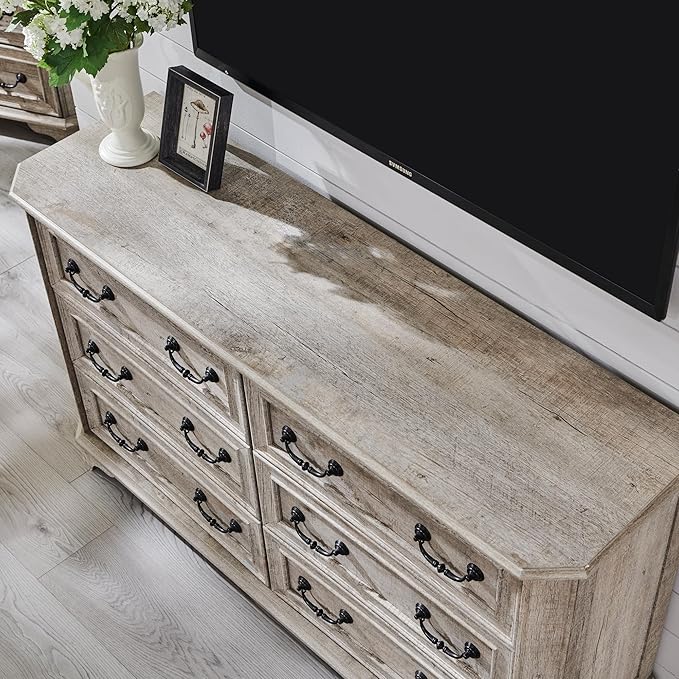 T4TREAM Farmhouse 6 Drawers Dresser for Bedroom, 54" Wide Wood Rustic Chest of Drawers with Natural Texture, Vintage Design, Storage Dressers Organizer for Bedroom, Living Room Light Rustic Oak