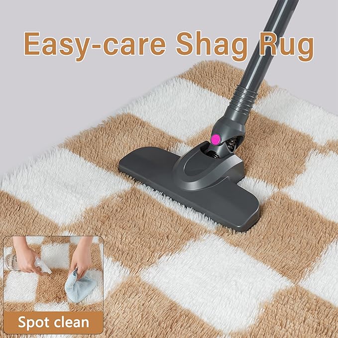 Checkered Rug 6x9 for Living Room, Beige and White Modern Shag Rug Washable Non-Slip Large Area Rug Super Soft Indoor Fuzzy Carpet Fluffy Rugs for Bedroom Home Aesthetic Decor