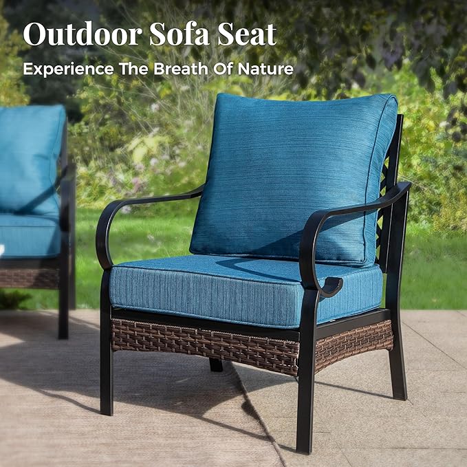 Outdoor Patio Leg Sofa Chairs Set of 2 Steel Frame Porch Furniture with Deep Seating and 5.75" Cushions for Lawn Backyard Deck, Peacock Blue
