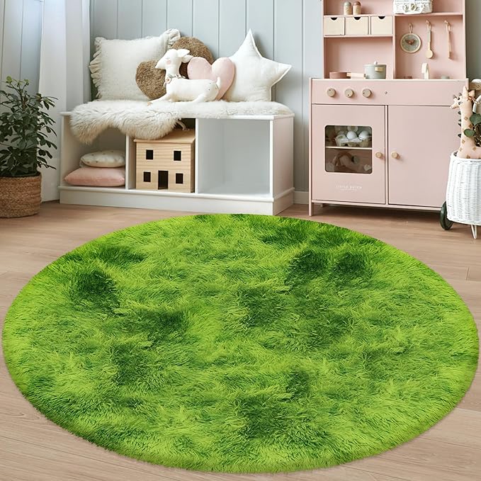 5 ft Fluffy Green Grass Area Rugs for Bedroom,Tie Dyed Plush Circle Rug Shag Round Carpet Fuzzy for Living Room Baby's Toddler's Boys Girls Room Kids Playroom Nursery Decor Aesthetic